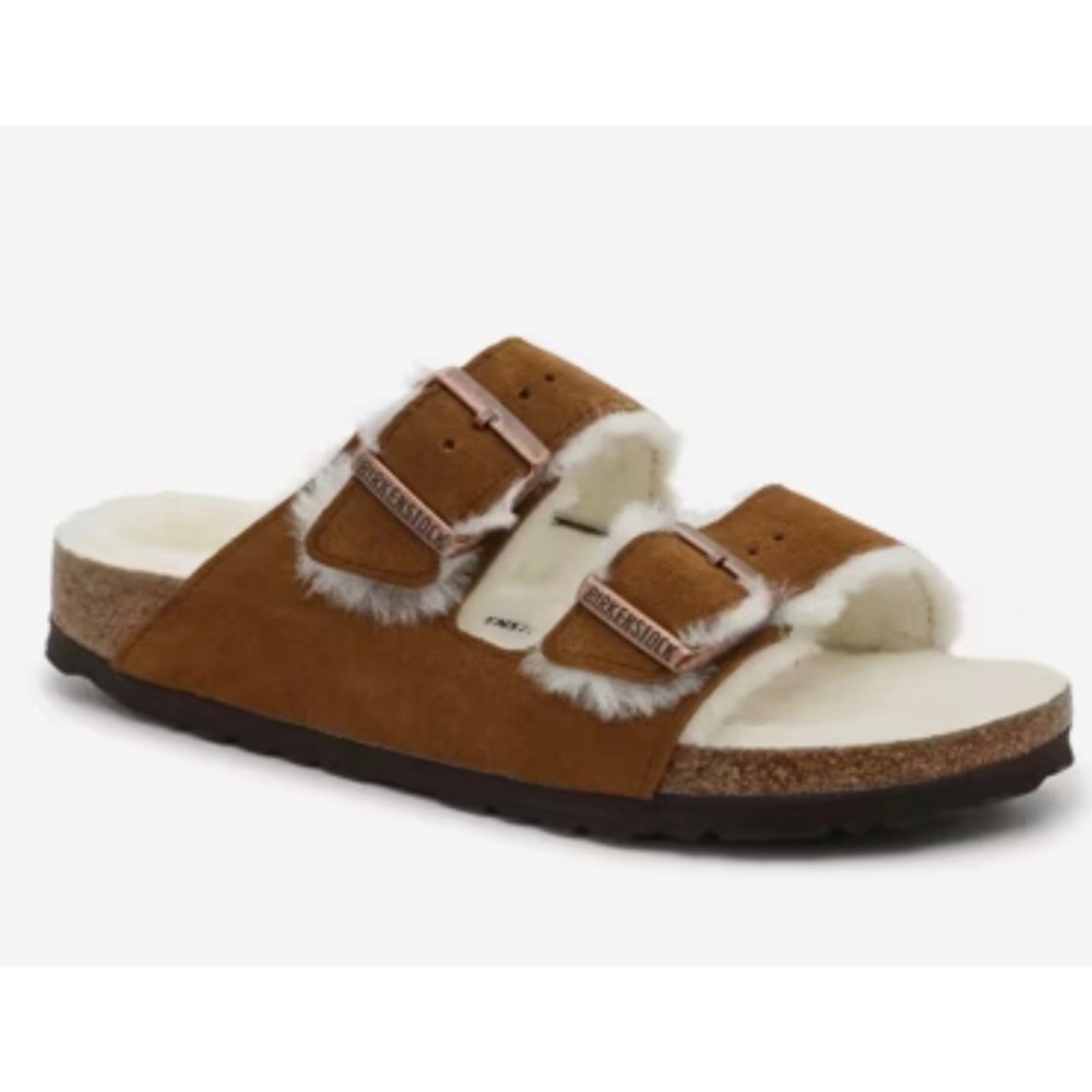 Birkenstock Arizona Shearling sandals cognac fuzzy shearling-lined suede 8-8.5